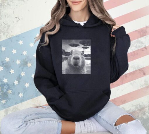 Funny Graphic Tee Capybara Selfie with UFOs Weird T-Shirt