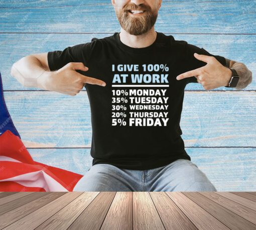 I give 100% at work 10% monday 35% tuesday 30 % wednesday 20% thursday 5% friday T-shirt