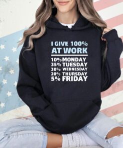 I give 100% at work 10% monday 35% tuesday 30 % wednesday 20% thursday 5% friday T-shirt