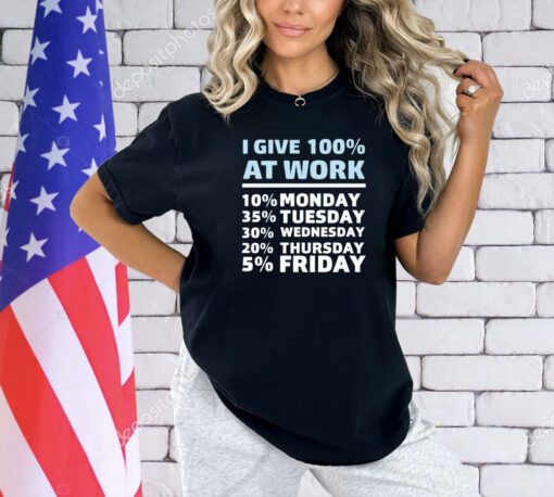 I give 100% at work 10% monday 35% tuesday 30 % wednesday 20% thursday 5% friday T-shirt