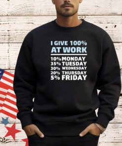 I give 100% at work 10% monday 35% tuesday 30 % wednesday 20% thursday 5% friday T-shirt