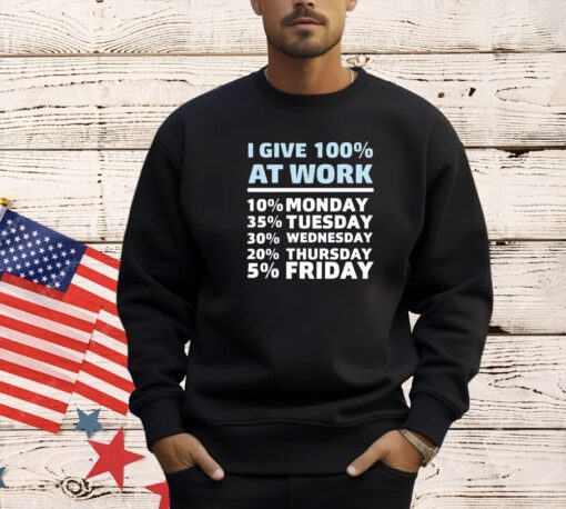 I give 100% at work 10% monday 35% tuesday 30 % wednesday 20% thursday 5% friday T-shirt