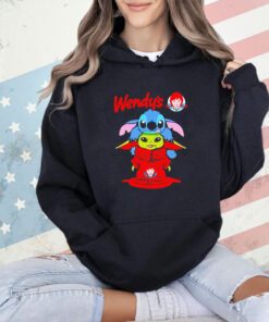 Stitch climbing on Baby Yoda Disney Star Wars Wendy’s shirt