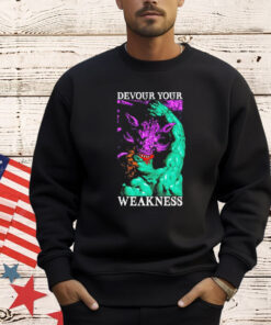 Jesus Olivares wearing devour your weakness T-Shirt